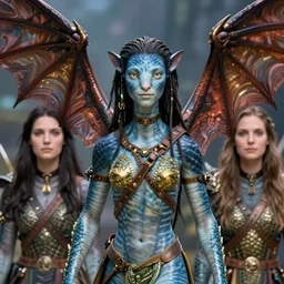 a stunning ultra detailed fantasy fine art portrait photo of a na'vi goddess from avatar movie wearing bat wings on the head, by tom bagshaw, karol bak and anna dittman, full body shot, arms made of dragon skin, golden ratio composition, deep depth of field, perfect eyes and face, cyberpunk, soft lighting, artstation, 8 k