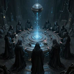 a dark cabal of hooded elven mystics gathered in a circular formation around highly advanced alien computer technology processing the souls of the dead, dan seagrave art, michael whelan