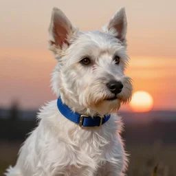 ! dream portrait of a handsome white terrier mix, intricate, blue collar, sunset, elegant, highly detailed, ray tracing, digital painting, artstation, concept art, smooth, sharp focus, illustration, art by artgerm and greg rutkowski, 8 k