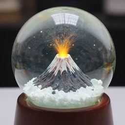 A snowglobe on display with an erupting volcano inside.