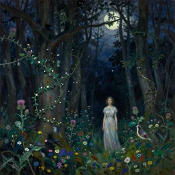 painterly dreamy dark forest with trees, flowers, birds, barely seen women, liana, thistle and midnight sky with moon and starts by Mikhail Vrubel, Aron Wiesenfeld dark fantasy, witcher, very detailed oil painting in the alla prima style, masterpiece, 8k