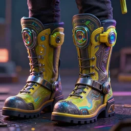 a pair of techno neon boots!! in the borderlands 3 style, close - up, cinematic shot, intricate, ornate, photorealistic, ultra detailed, realistic, 1 0 0 mm, photography, octane, high definition, depth of field, bokeh, 8 k, behance, artstation