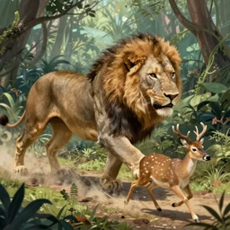lion chasing a deer in the jungle, highly detailed, digital painting, artstation, concept art, smooth, sharp focus, illustration, art by artgerm and greg rutkowski and alphonse mucha