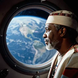 analogue photo of an African tribal chief inside the orbiter of a space shuttle, looking at porthole window, planet earth seen through porthole window, close-up, colour, photo shot by martha cooper, 35mm,