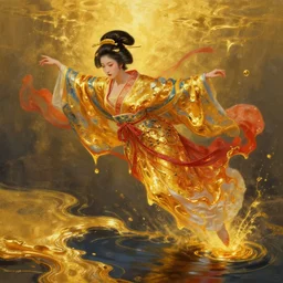 semi semi realistic digital painting!! portrait of beautiful geisha flying over a lake filed with molten gold, volume lighting, concept art, by greg rutkowski, dramatic, xray melting colors!!