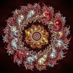 apophysis av 8 k uhd, recursive fractal cat, sprouting new fractal cats, l - system fractal, flame fractal, palette of ruby, pearl, gold and silver