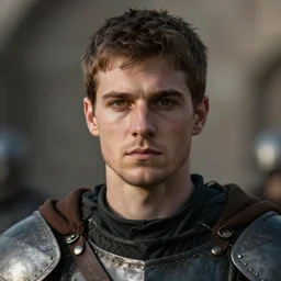 dramatic cinematic artwork of a medieval commander in his twenties with brown hair, hazel eyes and a small chin staring into the distance solemnly with his warriors behind him by greg rutowski, 4 k, masterpiece, sun rays