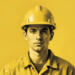 construction worker. portrait. bauhaus, angular, geometric, symmetrical. yellow color theme. flat, solid background.