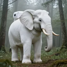 giant elephant in white spacesuit as astronaut in the woods, foggy mood, overcast bokeh - c 7