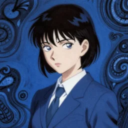 yoshitaka amano blurred and dreamy realistic three quarter angle horror portrait of a sinister young woman with short hair, big earrings and white eyes wearing office suit with tie, perfect blue color palette, junji ito abstract patterns in the background, satoshi kon anime, noisy film grain effect, highly detailed, renaissance oil painting, weird portrait angle, blurred lost edges