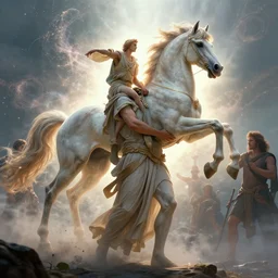 atlas the greek god carrying the horse on his back, particle effects, ethereal, dreamy, backlit, highly detailed, soft ambient lighting, sharp focus, rule of thirds, artgerm, wlop, arney freytag, rossdraws, frank frazetta, andrei riabovitchev, hd, octane, 4 k