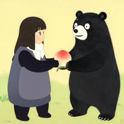 a girl gives a peach to a really anthropomorphic black bear, in the style of foujita tsuguharu