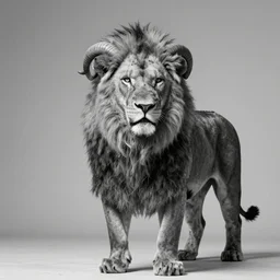 rare classified photo, black & white, studio lighting, a fat standing lion bear, horns, real fur, real skin