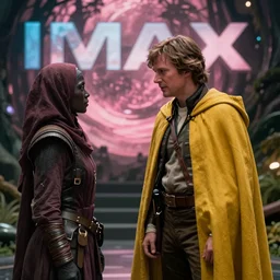 cinematic still image screenshot portrait of luke skywalker in yellow cape talking to maz kanata diplomatic, dramatic scene from force awakens crisp 4 k 7 0 mm imax, moody iconic scene, directed by jj abrams, beautiful backlit, forest pink planet