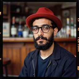 kodak portra 4 0 0, wetplate, 2 0 0 mm lens, 1 9 3 0 s colour portrait of a young ducktail bearded middle eastern american male with wayfarer glasses and red hat in front of a bar by saul leiter, insanely detailed, insanely intricate, depth of field, blueberry