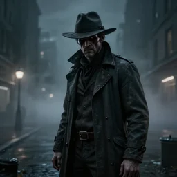detective on the city at night, gloomy and foggy atmosphere, octane render, rembrandt, cgsociety, artstation trending, horror scene, highly detailded