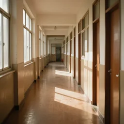 an empty school hallway, brown wooden floor, brown doors, warm sunlight from the windows, dust particles in the air, volumetric lighting