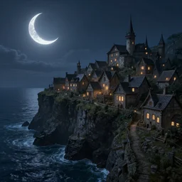 A medieval fantasy village on the side of a cliff by the ocean , crescent moon, light glowing from windows at night realistic concept art unity engine raytracing 8K