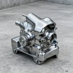 weird amorphous dented broken chromeplated  machine on the concrete