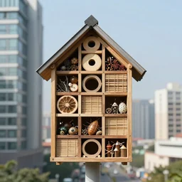 insect hotel combined with modern buildings, cityscape, photograph