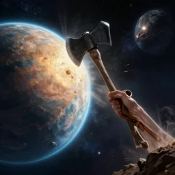 space giant destroying a planet with its axe, fantasy apocalypse, digital art, 4 k, mmo