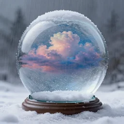 a rainstorm inside a snowglobe. Beautiful colorful clouds in moody greys and blues. High quality digital art, trending on artstation by Artgerm and Greg Rutkowski and Alphonse Mucha