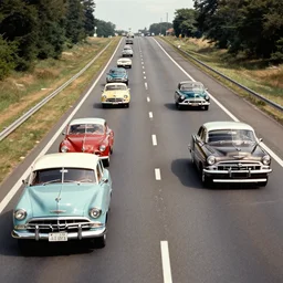 cars from the 1 9 5 0's and 1 9 6 0's, driving on a highway, various colors and models, in style of haddon sundblom