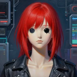 a mannequin with a red hair and a smiley face, cyberpunk art by hikari shimoda, featured on cgsociety, pop surrealism, anime aesthetic, high detailed, detailed painting