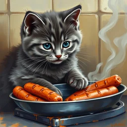 beautiful impressionist painting of an dark - gray british shorthair kitten cooking some sausages on a pan