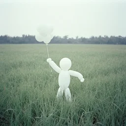 long grass field with figure with baloon animal limbs and head film still 1 9 9 2, overexposed muted colors