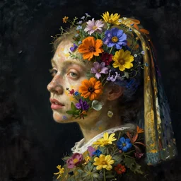a woman's face in profile, made of wildflowers, in the style of the dutch masters and gregory crewdson, dark and moody