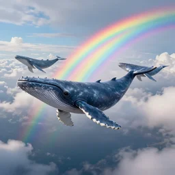 highly detailed picture of flying whales, in the style of greg rutsowski, wide angle shot, hyper realistic, concept art, 8 k detail post - processing, rainbow, clouds