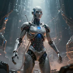 Transhumanist action shot for the end of the world as we know it, artificial life, singularity, 8k, trending on cgsociety artstation, masterpiece, highly detailed, establishing shot, in a symbolic and meaningful style.