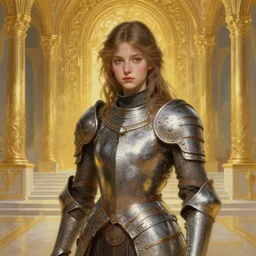painting of a shy shieldmaiden in front of a golden palace, decorated, intricate, elegant, highly detailed, digital painting, artstation, concept art, smooth, sharp focus, illustration, art by artgerm and greg rutkowski and alphonse mucha, 8 k