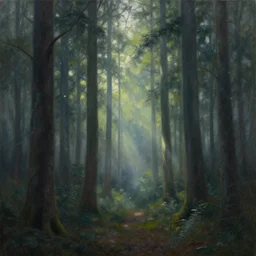 A Craig Mullins oil painting of a hauntingly beautiful forest in the morning with straight vertical trees; rays of light coming through the canopy; trending on artstation; extraordinary masterpiece!!!!!!; 8k