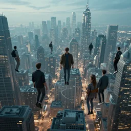 people in the city floating in the air, science fiction