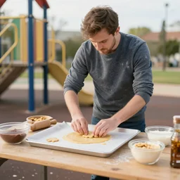 man baking cookies at playground