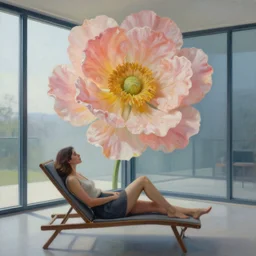 closeup, huge flower under head, woman sitting on lounge chair by a modern window, surreal photography, studio light, impressionist painting, digital painting, artstation, simon stalenhag