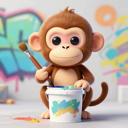 cute monkey painter holding a paint brush as graffiti art on a paint bucket by lee, masterpiece, centered, trending on artstation