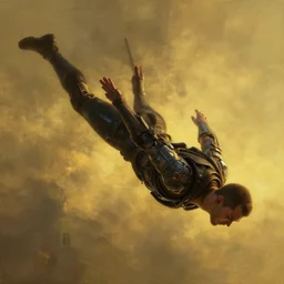 cyberpunk man diving in epic pose, medium range, atmospheric lighting, painted, intricate, golden hour, ultra detailed by peter gric, giger, enki bilal