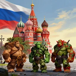 moscow in style of world of warcraft orgrimmar, red square, orc village, green and red orcs in modern camouflage, illustration in style of darek zabrocki, noah bradley, cinematic, russian flag