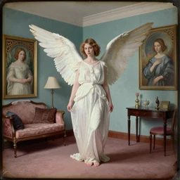 a feminine angel in a liminal hotel room, daguerreotype by edward hopper, by henri rousseau, by Bosch, by Pontormo, art noveau, highly detailed, strong lights, liminal, eerie, Bright pastel colors, octane render, 8k,