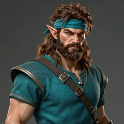 an arrogant half-elf ranger, teal tunic, teal headband, shaggy brown hair, scruffy beard, scar on face, D&D Concept Art, unreal 5, DAZ, Apex legends concept art, hyperrealistic, octane render, cosplay, RPG portrait, dynamic lighting, epic, striking, hyper real, comic book