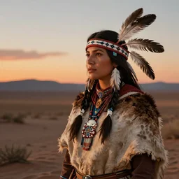 the shadow, a gorgeous native American woman, a feather scarf, head ban with eagle feather, elk hide wrap and a bokeh western desert background at sunset, highly detailed, hard light digital painting, artstation, concept art, sharp focus, illustration, inspired by greg rutkowski and alphonse mucha and Felix Kelly