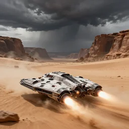 concept design of space ship racing through a black desert, storm clouds and deep canyons in the background, dust cloud trailing, action shot, soft natural lighting, natural colors, star wars sci - fi vehicle, bright propulsion, motion blur, by sid mead and simon stalenhag and james gurney, intricate detail, octane render, unreal engine