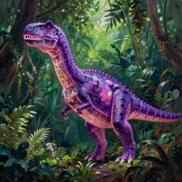 spectral purple neon dinosaur, green jungle background, detailed, fantasy, oil painting, ultrawide landscape, concept art