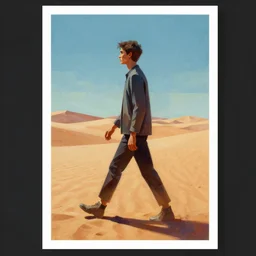 painting of a man walking across a desert, poster art by james gilleard, cgsociety, fantasy art, poster art, concept art, angular