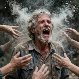 o hyper realistic photo of a weathered old man with a beautiful woman's screaming face, feedback loop, burst of powders, spraying liquid, volumetric lighting, twisting vapour, bellowing dust, emerging hands, full colour, upscale, 4 k