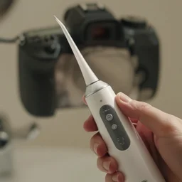 hand - held water flosser, product image, close - up, high resolution photography, dslr, 3 point lighting, highly detailed, natural color scheme, still from movie by denis villeneuve