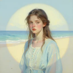 portrait of a beautiful girl, deserted island beach, sad, pastel shades of light blue and light yellow, beautiful face, rule of thirds, intricate outfit, spotlight, by greg rutkowski, by jeremy mann, by francoise nielly, by van gogh, digital painting